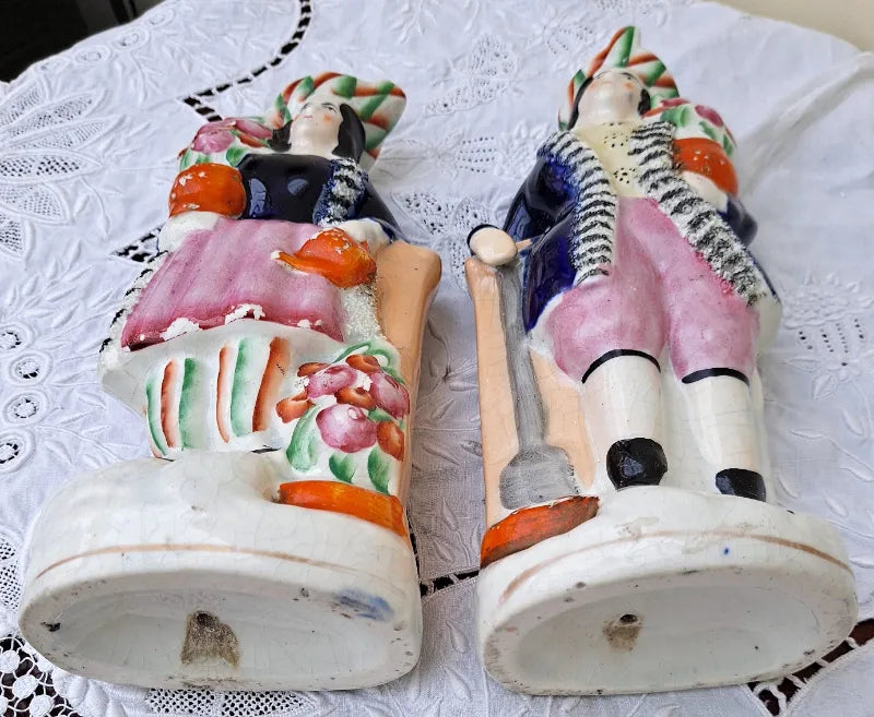 Pair of Antique English Victorian Staffordshire Pottery Gardeners