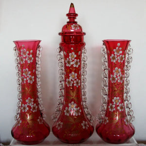Garniture Three Painted Cranberry Glass Vases