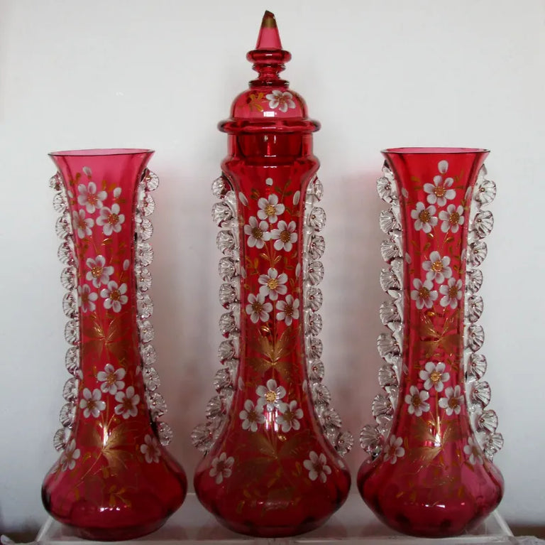 Garniture Three Painted Cranberry Glass Vases
