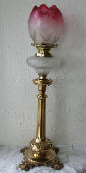 Antique English Victorian Brass "Gothic" Oil Lamp
