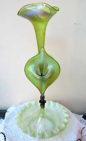 Antique English Victorian "Art Nouveau" Green Glass Epergne