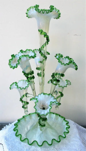 Antique English Victorian White and Green Glass Epergne