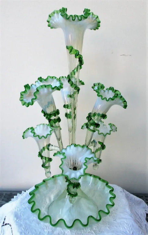 Antique English Victorian White and Green Glass Epergne
