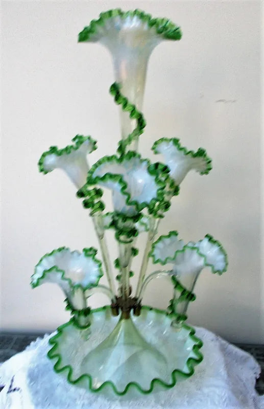 Antique English Victorian White and Green Glass Epergne