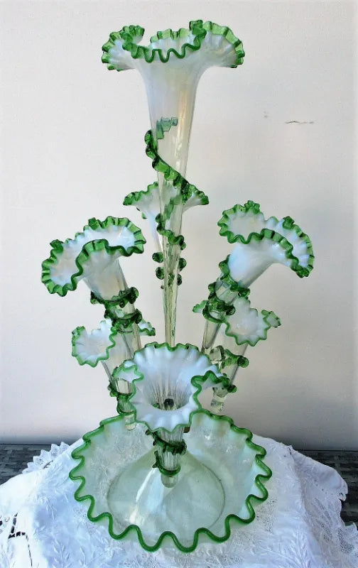 Antique English Victorian White and Green Glass Epergne