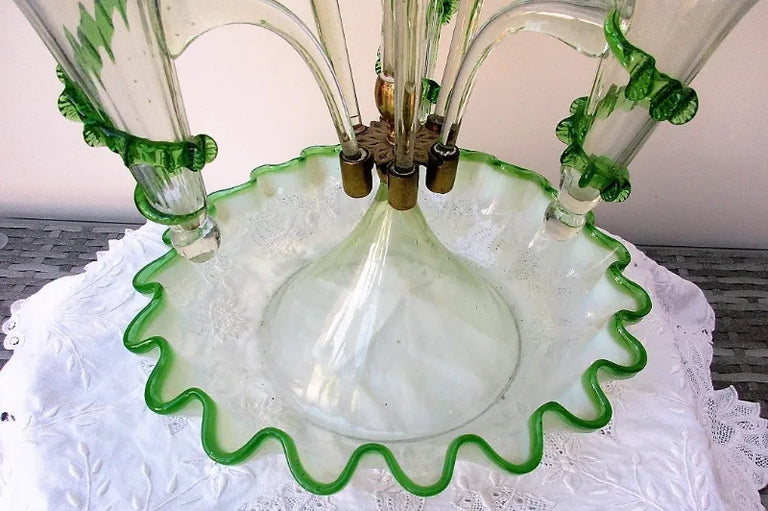 Antique English Victorian White and Green Glass Epergne
