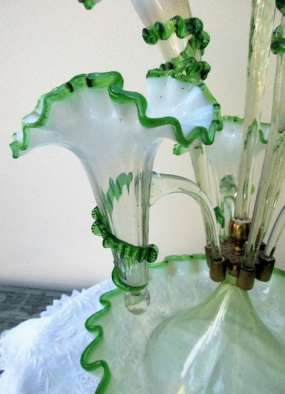 Antique English Victorian White and Green Glass Epergne