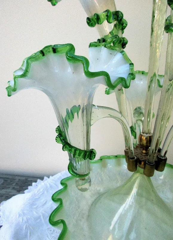 Antique English Victorian White and Green Glass Epergne