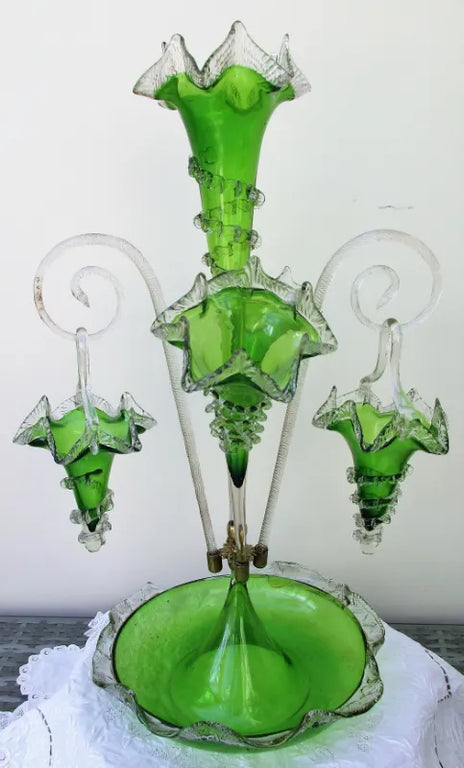 Antique English Victorian Green Glass Epergne