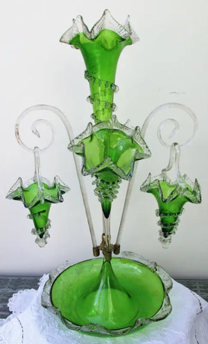 Antique English Victorian Green Glass Epergne