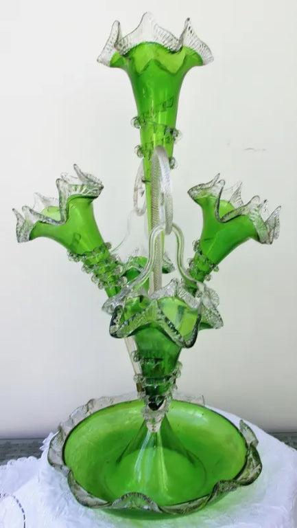 Antique English Victorian Green Glass Epergne