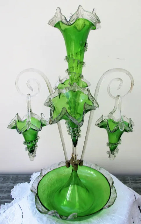 Antique English Victorian Green Glass Epergne
