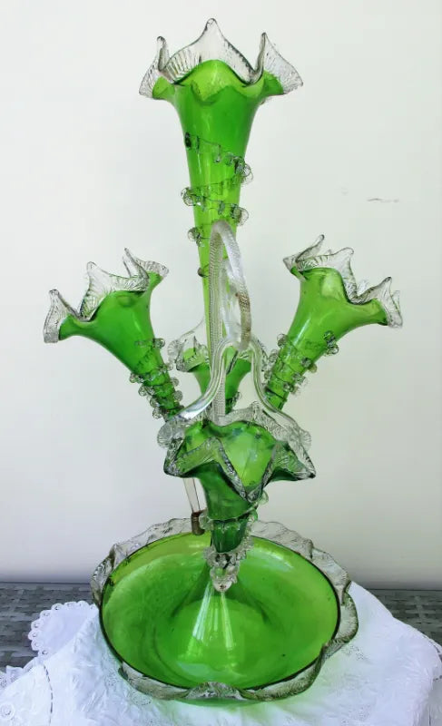 Antique English Victorian Green Glass Epergne