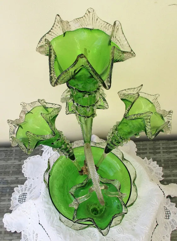 Antique English Victorian Green Glass Epergne