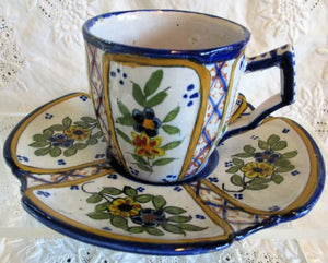 Antique HB Quimper French Faience Coffee Cup & Saucer