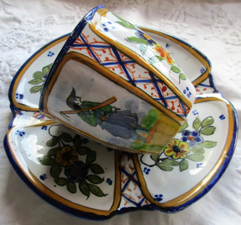 Antique HB Quimper French Faience Coffee Cup & Saucer