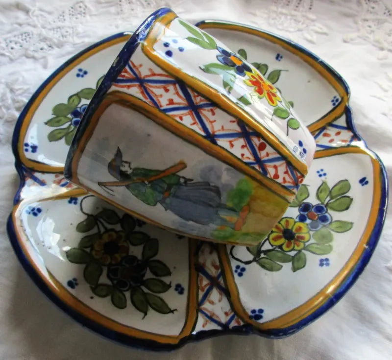 Antique HB Quimper French Faience Coffee Cup & Saucer
