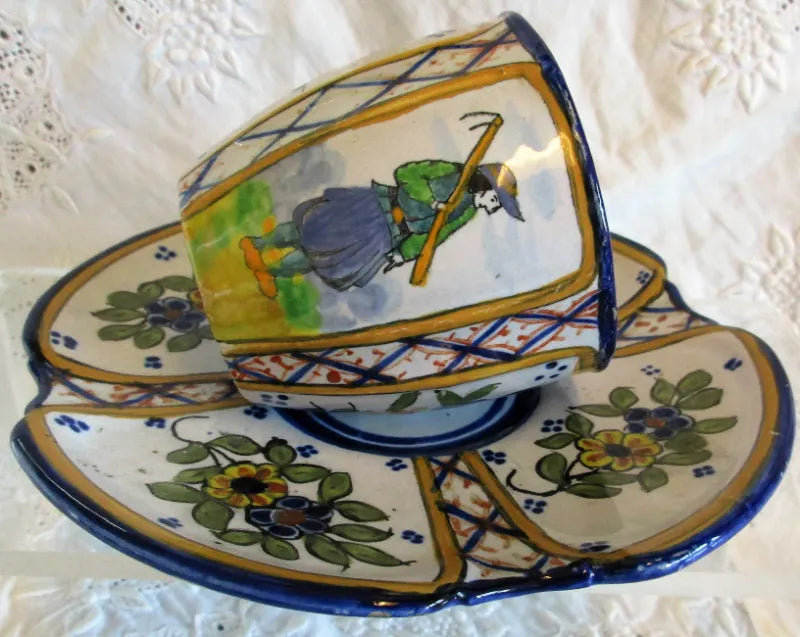 Antique HB Quimper French Faience Coffee Cup & Saucer