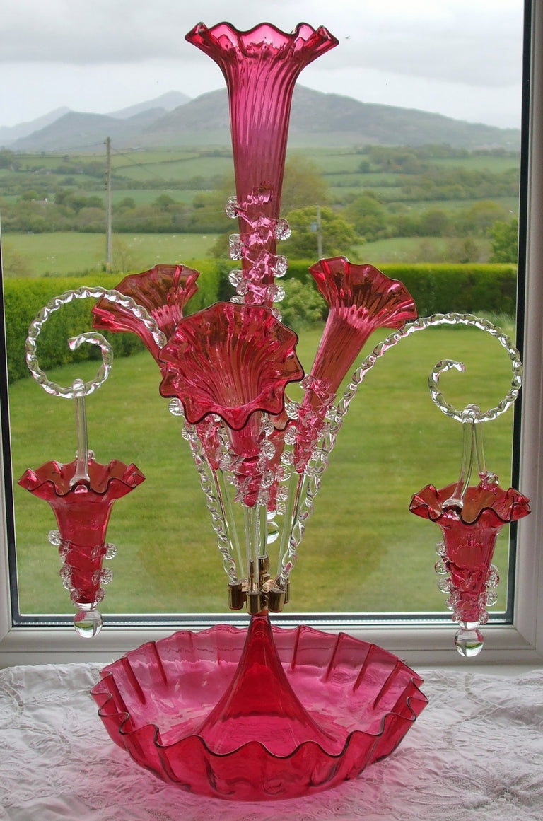 English Cranberry Glass Epergne ~ Horncastle Glass Studio