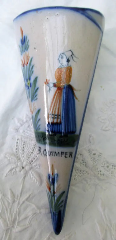 Antique HR Quimper French Faience Cornet / Wall Pocket