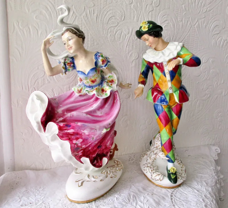 Pair of Royal Doulton Porcelain Figurines ~ Harlequin ~ HN 2737 & Columbine ~ HN 2738