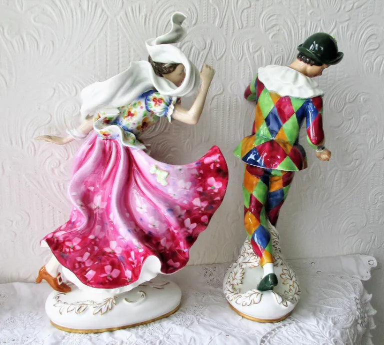 Pair of Royal Doulton Porcelain Figurines ~ Harlequin ~ HN 2737 & Columbine ~ HN 2738