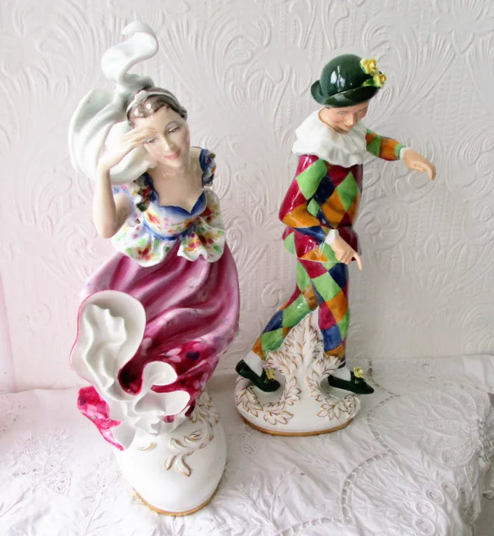 Pair of Royal Doulton Porcelain Figurines ~ Harlequin ~ HN 2737 & Columbine ~ HN 2738