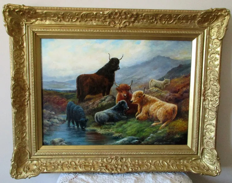 Highland Cattle ~ Oil Painting on Board ~ Reg Johnson ~ c. 1987