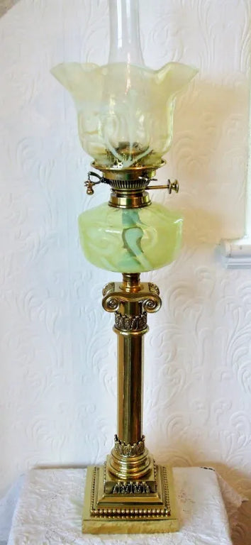 Antique English Victorian Hinks Ionic Column Brass Oil Lamp