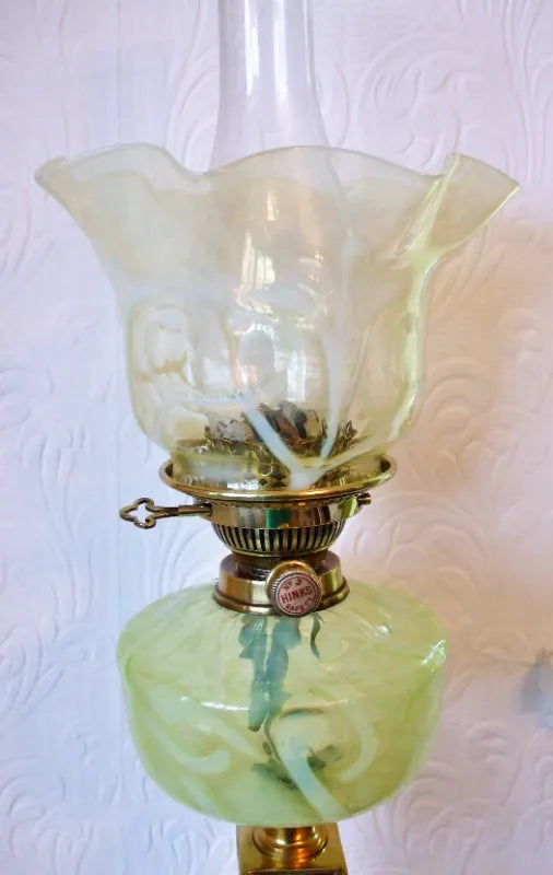 Antique English Victorian Hinks Ionic Column Brass Oil Lamp