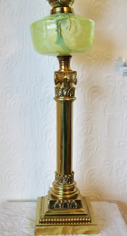 Antique English Victorian Hinks Ionic Column Brass Oil Lamp