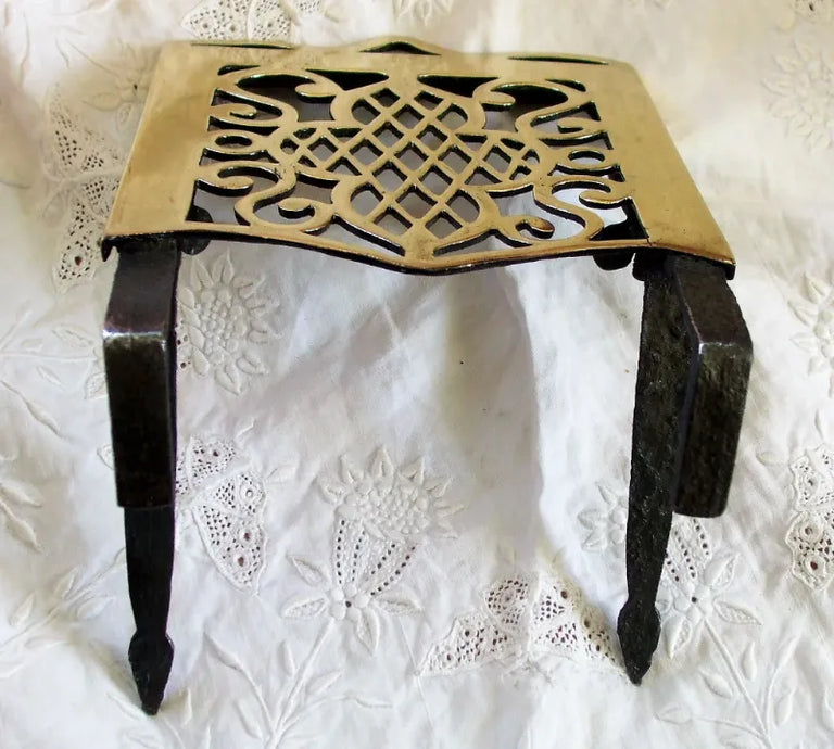 Antique English Victorian Brass & Iron Hook-on Trivet