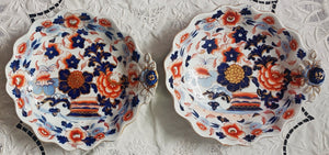 Pair of Restored { Stapled } Antique Georgian "Japan" pattern Ironstone China Comports