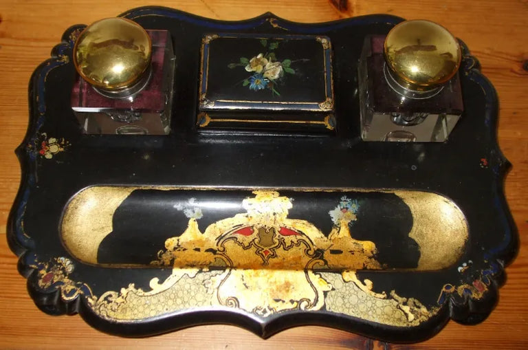 Victorian Jennens & Bettridge Papier-mâché Standish / Inkstand