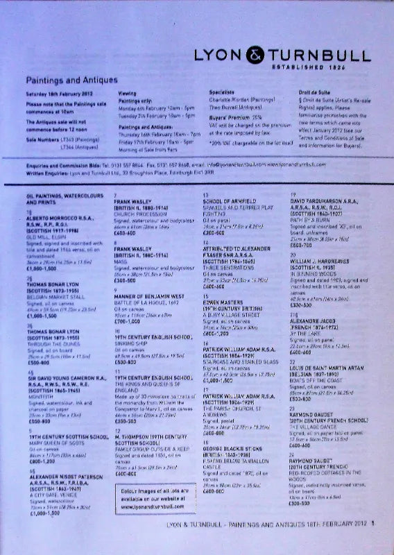 Lyon & Turnbull ~ Paintings & Antiques ~ Edinburgh ~ 18. 02. 2012
