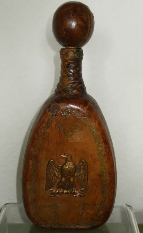 Antique Spanish Leather Covered Green Glass Flask