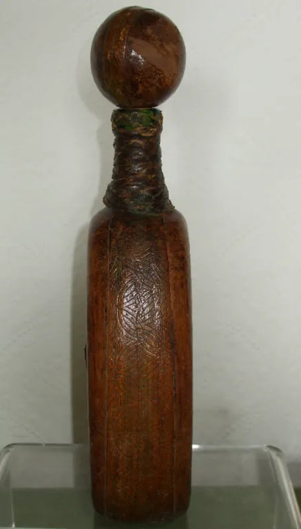 Antique Spanish Leather Covered Green Glass Flask