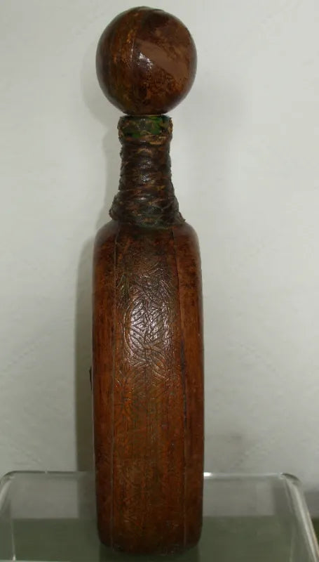 Antique Spanish Leather Covered Green Glass Flask