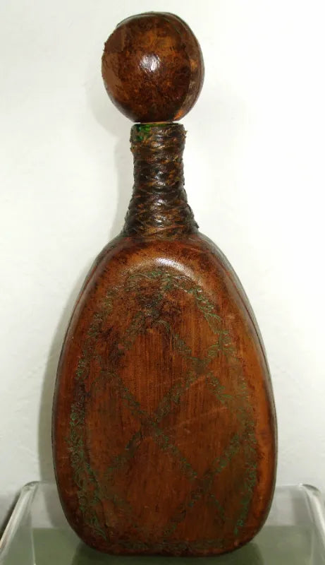 Antique Spanish Leather Covered Green Glass Flask