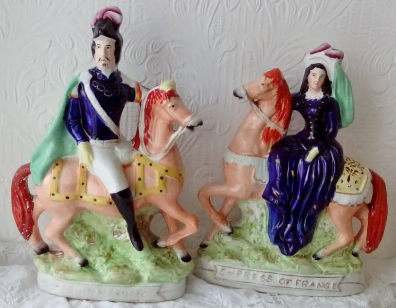 Pair of Antique English Victorian Staffordshire Pottery Figures ~ "Louis Napoleon and Empress of France"