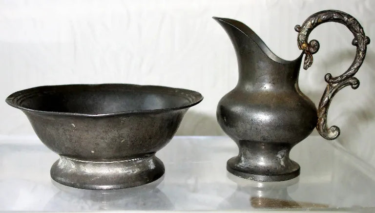 Antique English Victorian Pewter Miniature Ewer and Basin