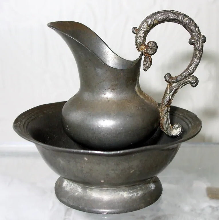 Antique English Victorian Pewter Miniature Ewer and Basin