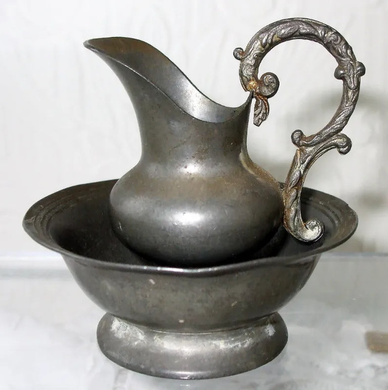 Antique English Victorian Pewter Miniature Ewer and Basin