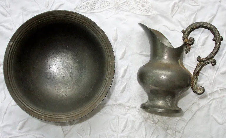Antique English Victorian Pewter Miniature Ewer and Basin