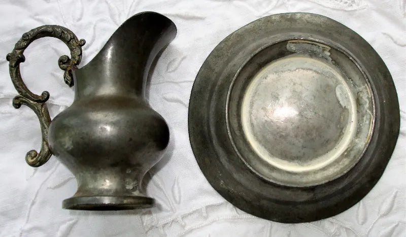Antique English Victorian Pewter Miniature Ewer and Basin