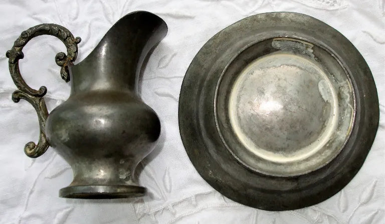 Antique English Victorian Pewter Miniature Ewer and Basin