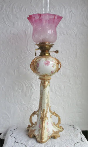 Antique English Victorian Moore Brothers Porcelain Oil Lamp