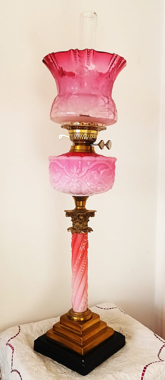 Antique English Victorian Glass Column Oil Lamp