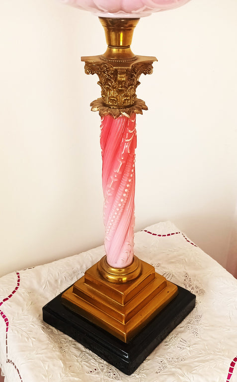 Antique English Victorian Glass Column Oil Lamp