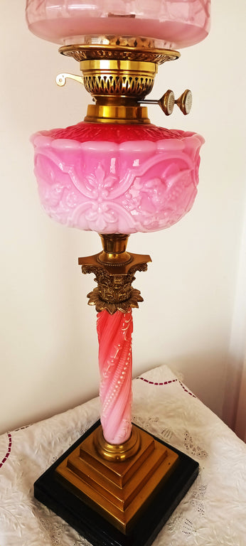 Antique English Victorian Glass Column Oil Lamp